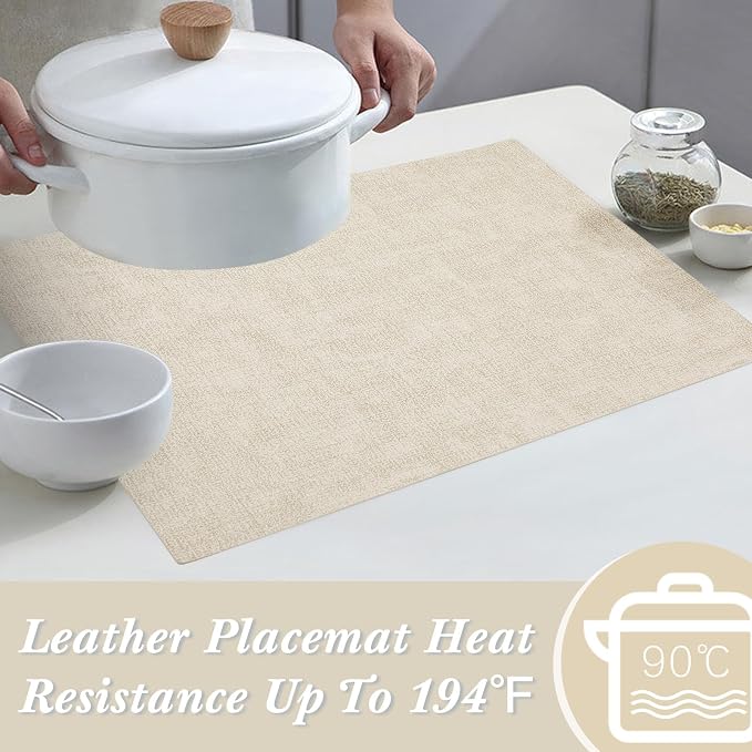 Leather Placemats Table Mats Set of 6, Beige | Reversible Non-Slip Table Placemats, Heat-Resistant and Waterproof for Dining Kitchen and Holiday Parties