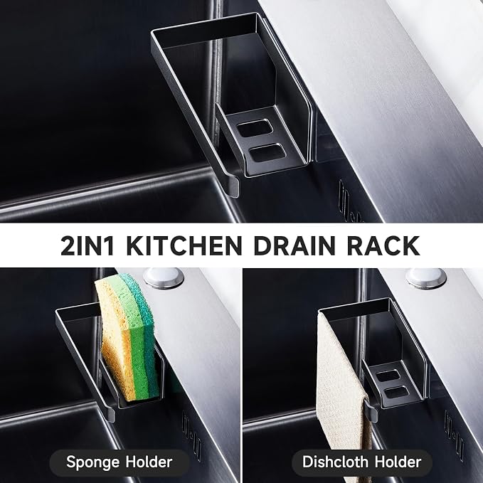 Sponge Holder for Kitchen Sink, Adhesive Dishcloth Holder, Dish Sponge Kitchen Sink Caddy 2 In 1, Metal Dishcloth Racks Sink for Dishcloths, Sponges, Brushes and Glove (Black)