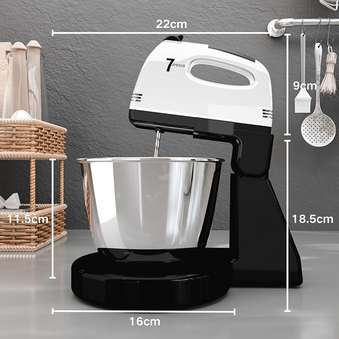 Stand Mixers, 7 Speeds With 3QT Stainless Steel Bowl, Stand and Hand Mixer with Dough Hook, Whisk, Mixing Beater for Baking, Cake, Cookie, Kneading (Silver)