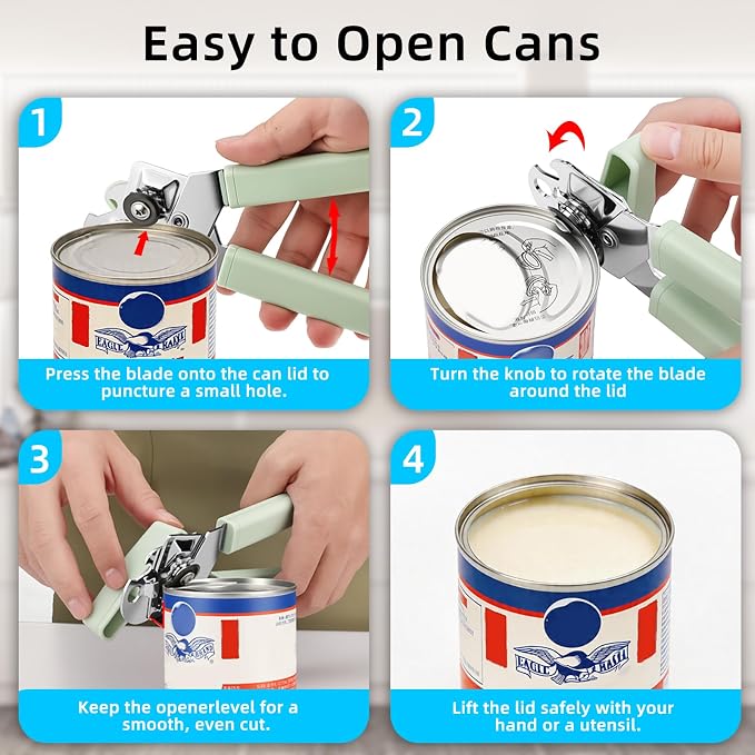 Tin Joy Family Manual Can Opener, Smooth Safe Cutter, Easy Grip | Manual Can Opener, Smooth Edge Safe Cutter, Ergonomic Non-Slip Grip, Color: Light Green