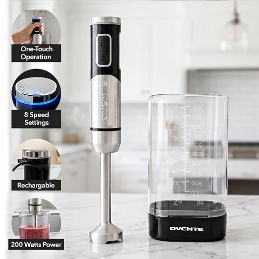 OVENTE Cordless Hand Blender, Rechargeable with 8 Mixing Speed Black HR981B | 200 Watts Handheld Portable Stick Mixer, One-Touch Control and Stainless Steel Blades for Smoothies, Shakes or Soups