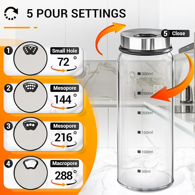 Segarty 10oz Glass Spice Jar with Adjustable Pour Holes Scale Lines, 1 Pack Empty Seasoning Bottle with Shaker Lid for Pepper Sugar, Large Spices Container with 8 Stickers, 1 Brush and 1 Chalk Marker