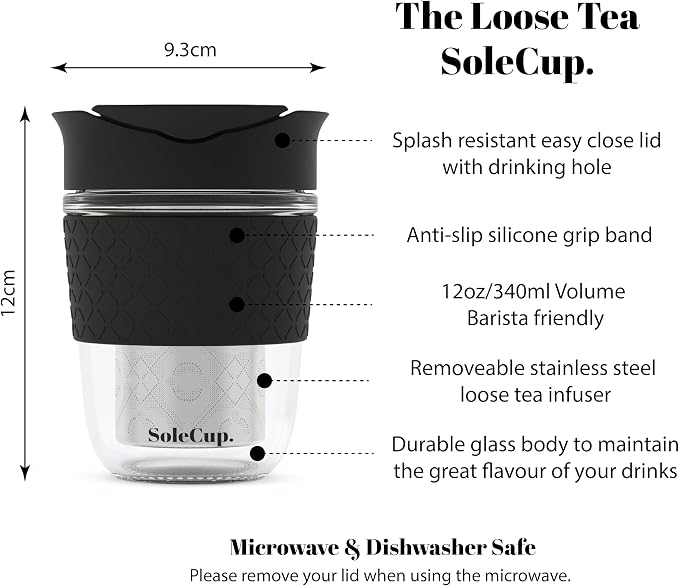 Travel Mug Loose Tea Infuser - Detachable Tea Strainer with Spillproof Lid - BPA-Free Reusable Glass Travel Coffee Cup with Silicone Band (Black, 12oz)