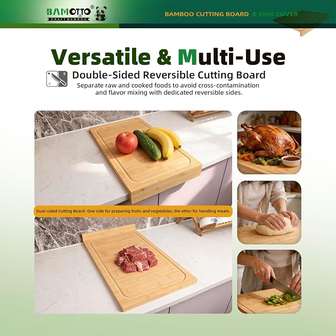 BAMOTTO CRAFTBAMBOO 12.6x22 Inch Bamboo Cutting Board, Over Sink | Detachable Non-Slip Front Lip | Reversible Dual Juice Grooves | Countertop Extension for Small Kitchen RV Camper Stove Cover