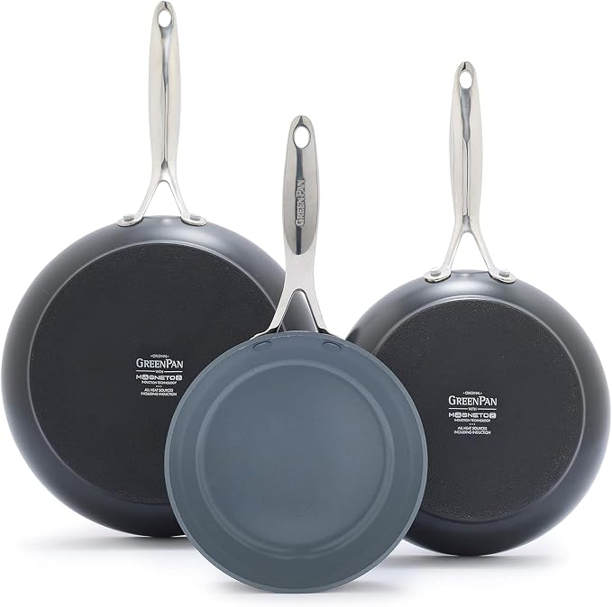 GreenPan Valencia Pro 3 Piece (8", 9.5" & 11") Ceramic Nonstick Skillet Set | Frying Pans, PFAS-Free Nonstick, Induction Ready, All Cooktop Compatible, Hard Anodized, Gray, Dishwasher & Oven Safe to 600F