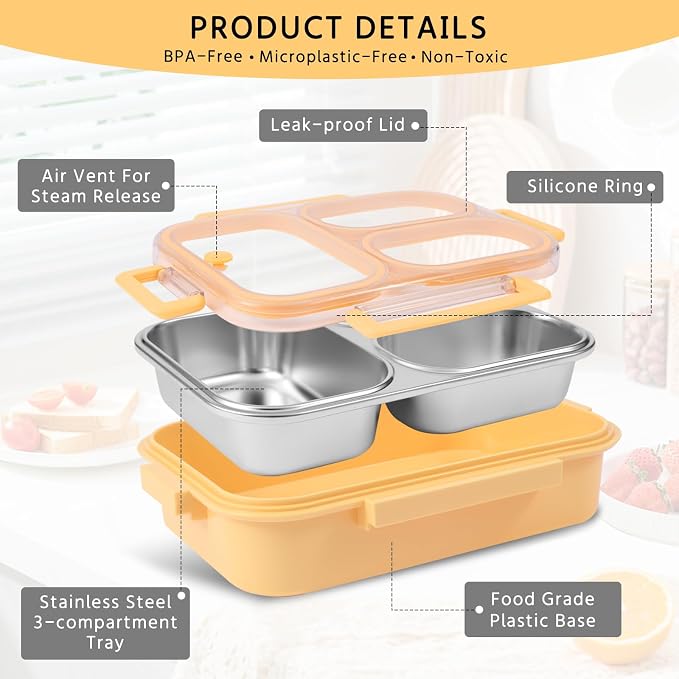 Stainless Steel Bento Lunch Box for Kids & Adults, 25oz, 3 Compartment | Super Leakproof, 304 Stainless Steel, Dishwasher Safe, BPA-Free,Capable of Heating Food
