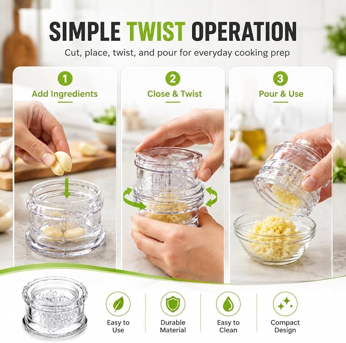 2PCS Clear Manual Garlic Twister, Manual Garlic Crusher, Garlic Chopper, Garlic Mincer, Garlic Grinder, Hand Twist Garlic Press for Garlic, Ginger, Onion, Herbs, Nuts