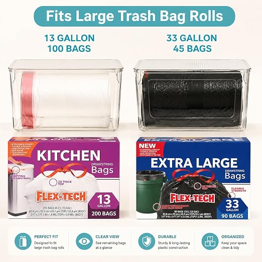 4PCS Home Organization Storage Set, 2 Front Access Clear Storage Bins & 2 Airtight Containers, Stackable for Snacks, Trash Bags, Coffee Pods, Seasonings, Cleaning Supplies, Pantry Under Sink