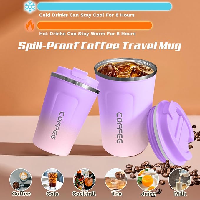 SPLMIFA Travel coffee mugs leak-proof,coffee cups with lids, stainless steel vacuum insulated coffee tumblers, thermal insulation cups for men & women keep drinks hot & cold(2nd-Purple Pink, 17OZ)