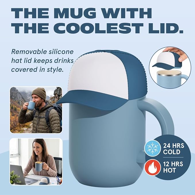 asobu Happy Hat Mug – 12 oz Double-Walled Stainless Steel Insulated Cup with Beanie-Shaped Lid – Ceramic Inner Coating – Spill-Proof and Ergonomic Design for Home and Travel (Blue)