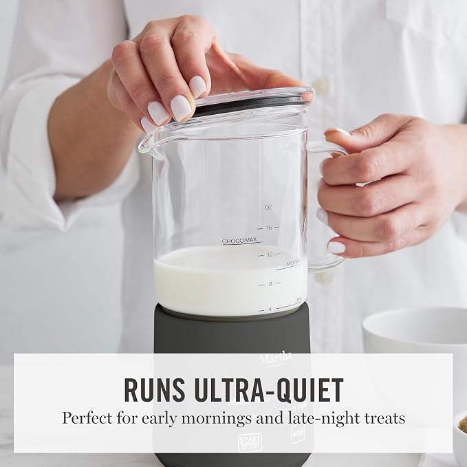 Martha Stewart 10oz Milk Frother & Steamer, 4 Presets, 300ml Glass Pitcher | Light, Dense, Cold Foam & Hot Chocolate, Ready in 90 Seconds, Cordless Pouring, Runs Quiet, Almond, Soy & Oat Milk, Caviar
