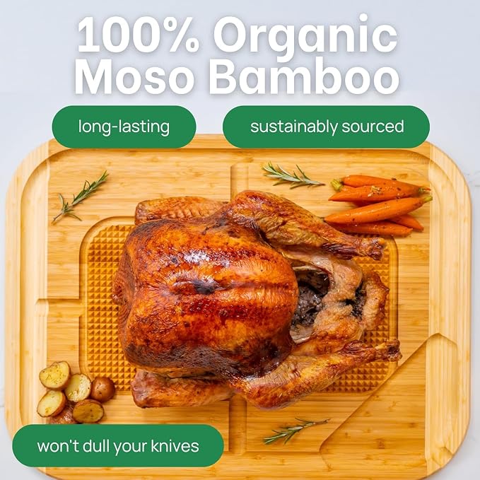 HUGE Organic Bamboo Extra Large Carving Board with Lifetime Replacements - 2XL Meat Cutting Board and Wooden Butcher Block with Pour Spout, Turkey Platter for Christmas Holiday Essentials
