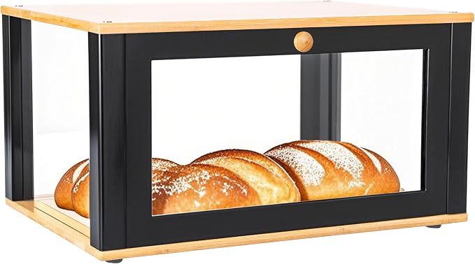 ETMI Bamboo Bread Box for Kitchen Countertop - Large Black Bread Box Pastry Display case(Classic style)