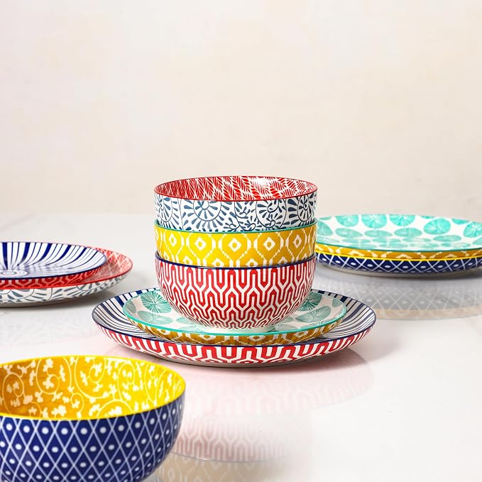 Selamica Ceramic Plates and Bowls Sets,18 Pieces Dinnerware Sets for 6,Dishwasher & Microwave Safe dish set,Family & Holiday Dining, Assorted Colors