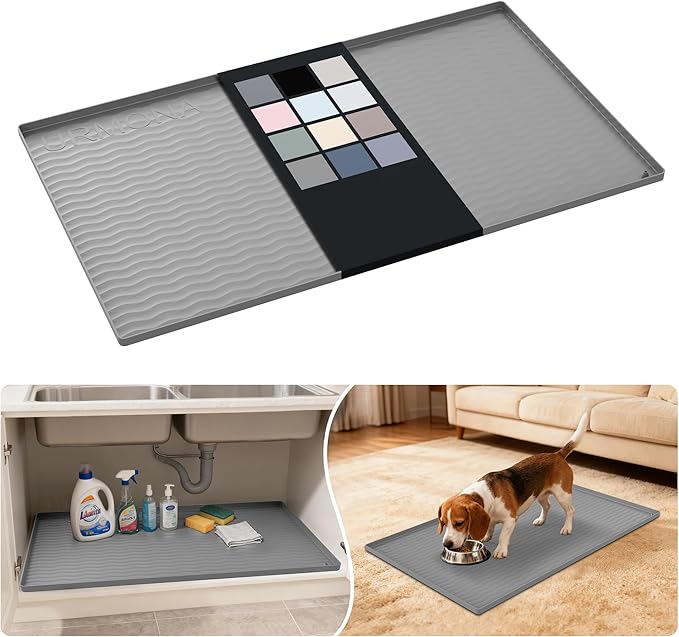 URMONA Waterproof Silicone Under Sink Mat 37'' x 22'' Shelf Liner for Kitchen and Bathroom, Cabinet and Counter Protector, Storage and Organizers, Litter Mat, Pet Cat Puppy Essentials(Beige)