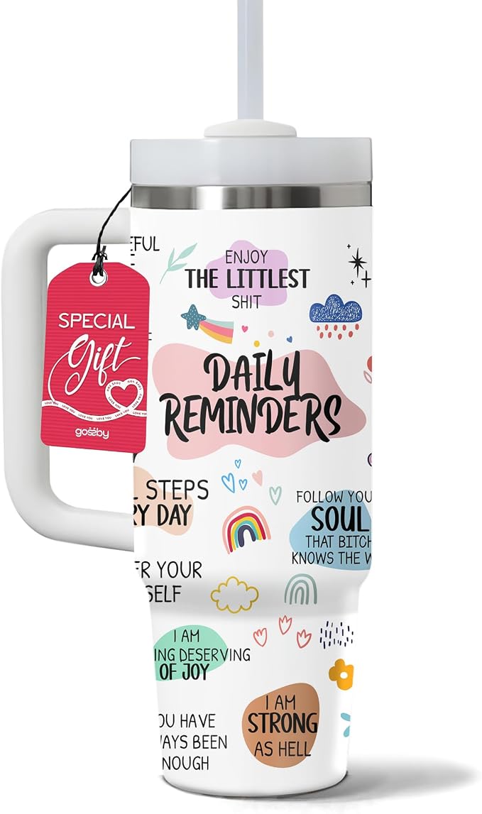 Gossby Daily Reminders Tumbler for Women, 30oz Stainless Steel with Handle | Daily Affirmations For Women, Inspirational Cup, Motivational Mental Health Gift For Friends, Nurse, Coworker, Birthday Gifts