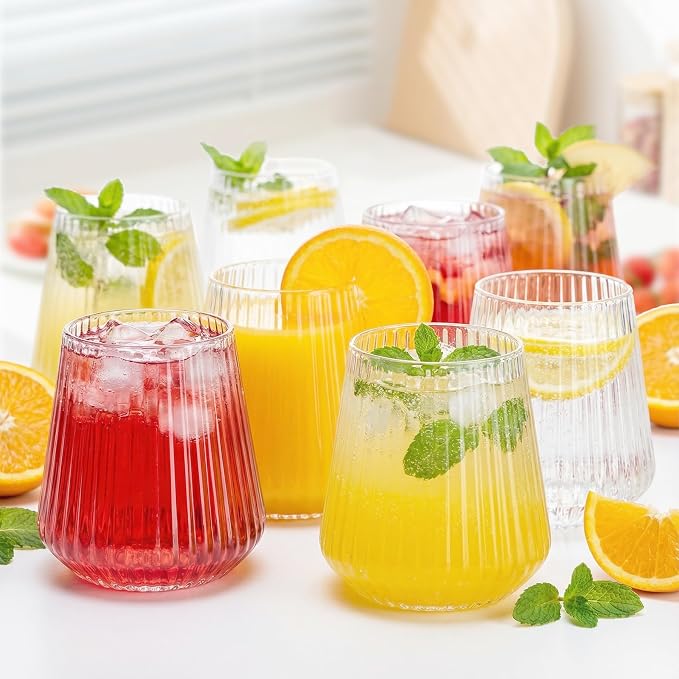 N9R 40PCS Plastic Wine Glasses Disposable,14 oz Cocktail & Spritz Glasses | Clear Stemless Champagne/Whiskey/Drinking Cups, Elegant Origami Ripple, Shatterproof, for Parties, Weddings, Pool and Bar