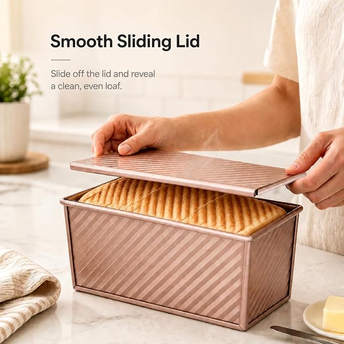 Pullman Loaf Pan with Lid, Aluminized Steel 1 Lb Nonstick Sandwich Bread Pan for Homemade Bread, 8.4x4.8 Inch Professional Rectangular Loaf Pan with Dough Scraper and Cutter