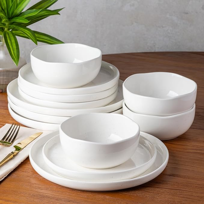 Ceramic Dinnerware Set for 4, 12-Piece Plates and Bowls Set | Handmade Reactive Glaze Dish Set, Scratch Resistant, Oven & Microwave & Dishwasher Safe, White Speckled