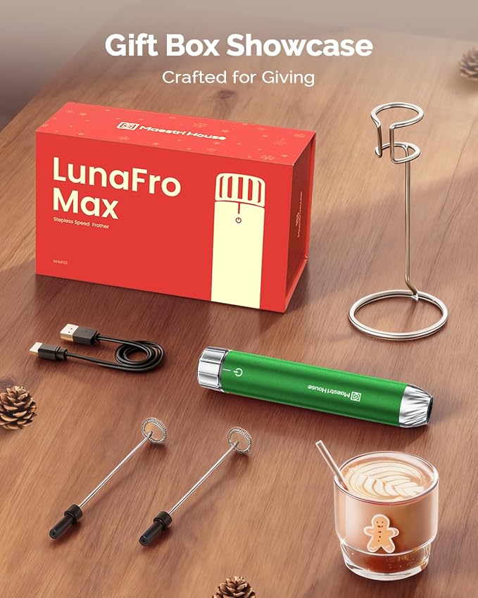 Maestri House LunaFro Max Rechargeable Milk Frother,Stepless Speed Control | 2000mAh lithium battery Frother Handheld, IPX6 Electric Drink Mixer with Stand & 2 Detachable Whisks for Lattes, Cappuccino