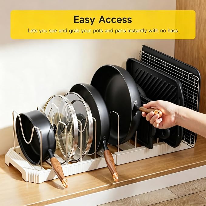 MUDEELA Pots and Pans Organizer under Cabinet, Pan Pot Organizer Inside Cabinet, Expandable 12.9''-21.88'' Pot Lid Organizer Holder with 10 Adjustable Dividers for Cutting Boards, Pan Lid Rack, White