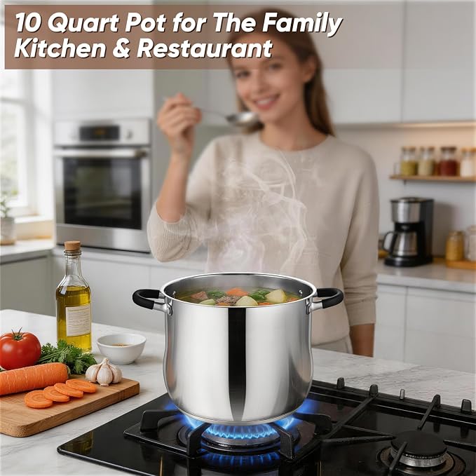 P&P CHEF 10 Quart Stainless Steel Stock Pot, Cooking Pot with Visible Lid | For Soup Pasta, Tri-Ply Bottom & Dual Heatproof Handles, For Induction Gas All Stoves, Non-Toxic & Dishwasher Safe