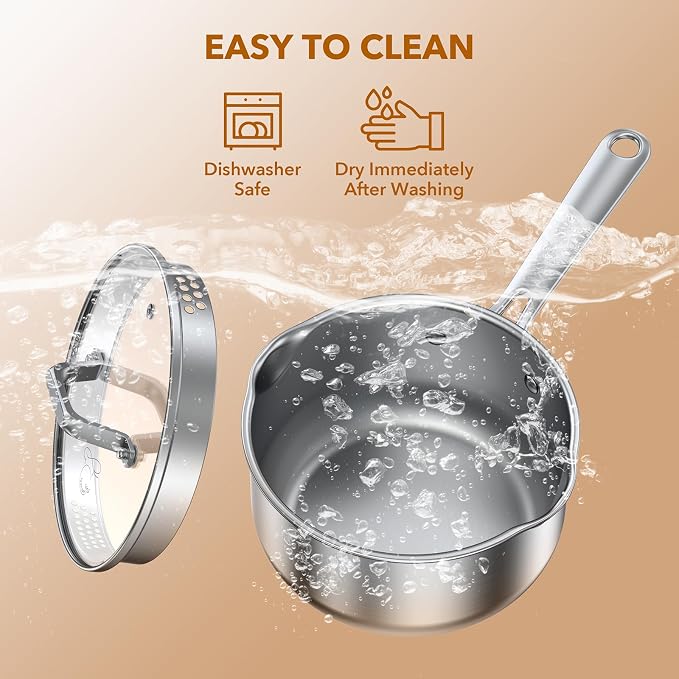 PekGema 2.5QT Saucepan w/Glass Strainer Lid, Tri-Ply Stainless Steel | Tri-Ply Stainless Steel;Dual Spouts&Strainer Holes;Measurement Marks;Dishwasher Safe;Oven Safe 500°F;All Stovetops