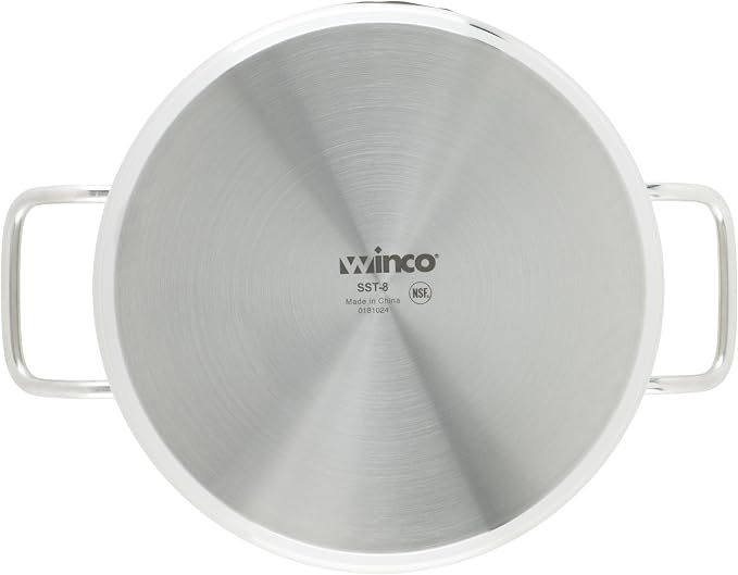 Winco Silver 8 qt Stainless Steel Stock Pot with Cover | Dishwasher safe, Heavy-duty, Tri-ply construction, Riveted handles, Wide base, Great for Stocks, Soups and Batch Cooking