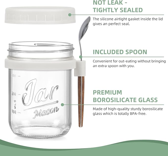 4 Pack Overnight Oats Containers with Lids and Spoons, 16 oz Glass Mason Jars with Airtight Lids, Overnight Oats Jars for Milk, Cereal, Fruit