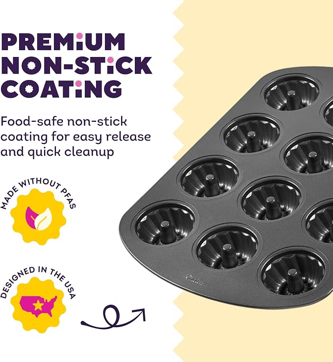 Wilton Gold Non-Stick Mini Fluted Tube Pan, Stainless Steel, 12-Cavity | Non-Stick Steel with Scratch-Resistant Coating, Resists Warping, Dishwasher Safe, Perfect for Mini Bundts & Fluted Cakes