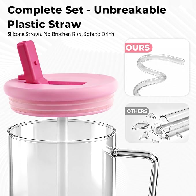40oz Glass Tumbler with Flip Straw Lid, Handle, Silicone Sleeve, Pink | Leakproof Lid, Fits Car Cup Holder Glass for Iced Coffee, Water, Cold Drinks, Travel, Outdoor, Partys&Home