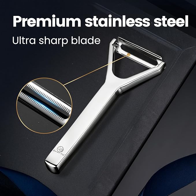 Gourmet Easy Stainless Steel Vegetable Peeler, Ultra Sharp Dual Blades | Easily Peeling and Slicing Fruit & Food, One-Piece Design No Trapped Water, Dishwasher Safe, Backed by a 5-Year Warranty