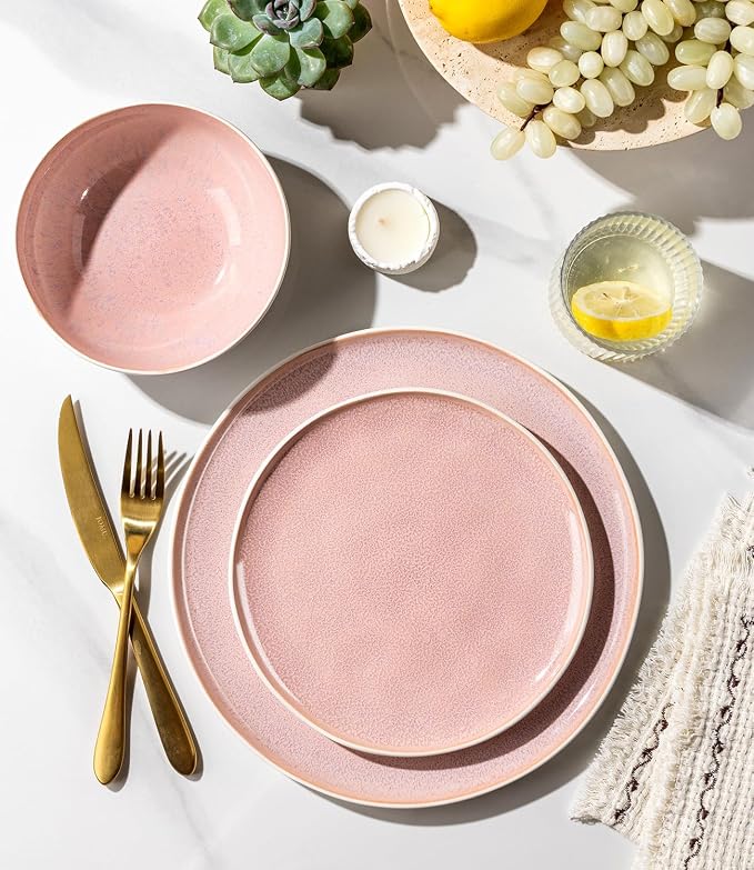 GBHOME Stoneware Dinnerware Sets for 8,24 Piece Rustic Plates and Bowls Set | Earthenware Handmade Reactive Glaze Plate Sets, Chip Resistant Ceramic Dishes, Microwave & Dishwasher Safe, Pink