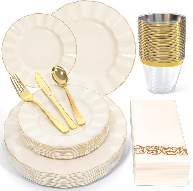 Glowserve 175 Piece Disposable Plastic Plates Dinnerware Set for 25 Guests | 50 Plastic Plates,25 Silverware Set,25 Cups and Napkins,Wedding Birthday,Family Party,Fancy Plastic Plates