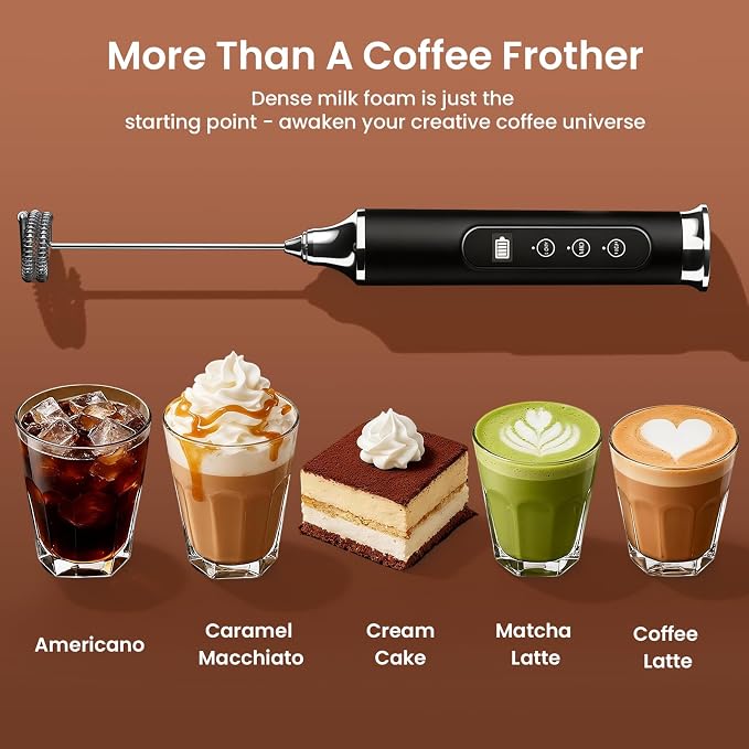 YUSWKO Milk Frother Wand for Coffee, Coffee Frother Handheld Drink Mixer | Rechargeable Mixer Wand, Waterproof Electric Whisk for Protein Powder, Lattes, Cappuccino, 3 Variable Speeds 3 Whisks, Black