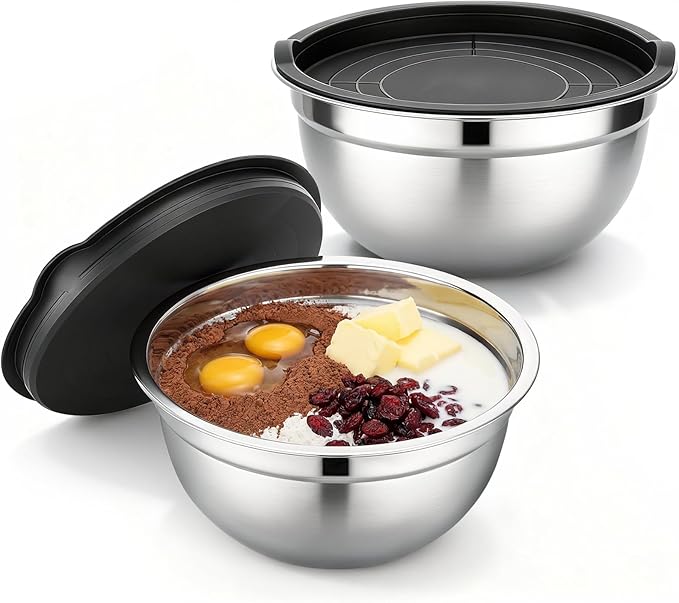 Beasea Mixing Bowls with Lids Set, 2 Pack 2 QT Stackable Stainless Steel Mixing Bowls with Lids, Kitchen Nesting Metal Bowl for Baking, Meal Prep, Salad, Food Storage
