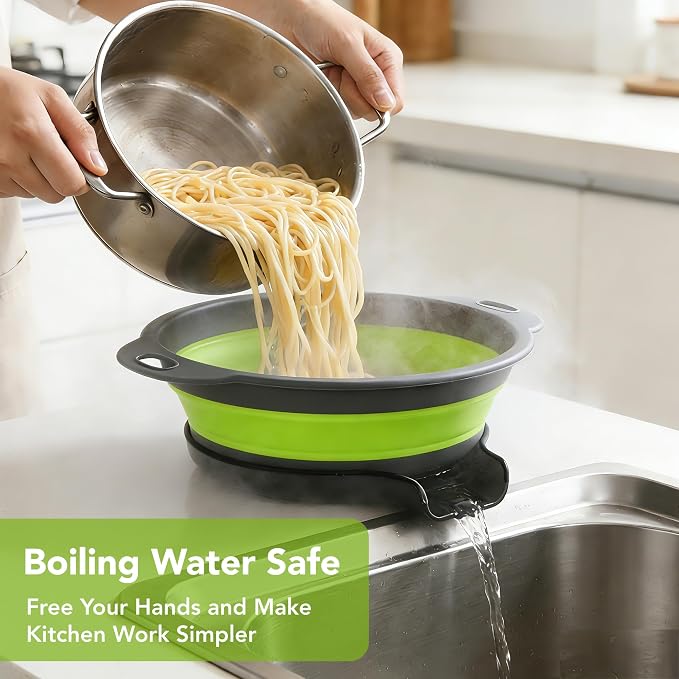 Collapsible Colander Set of 3 with Kitchen Counter Self-draining Base, Round Silicone Food Foldable Strainer for Cooking Pasta, Vegetables and Fruit (3QT, 4QT and 5QT)