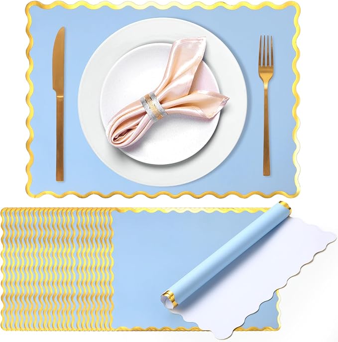 FoldTier 150 Pcs Disposable Paper Placemats Bulk 10"x14" Rectangle Place Mats with Scalloped Edges Dining Table Mat for Wedding Birthday Party Table Decoration(Baby Blue)