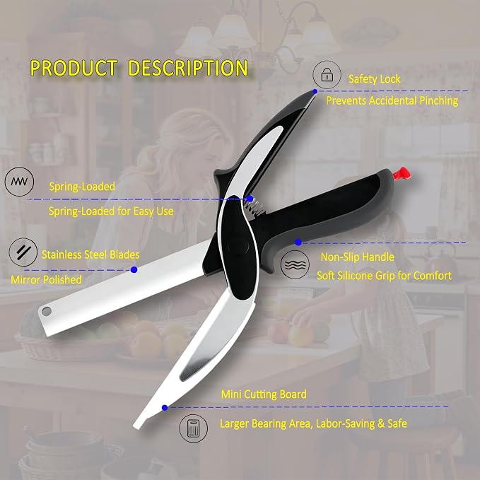 2-in-1 Kitchen Scissors with Cutting Board,Salad scissors. | Detachable Blades.Safety Lock, Dishwasher Safe Portable food cutter sharp slicer for vegetable, fruit, meat, light meal.