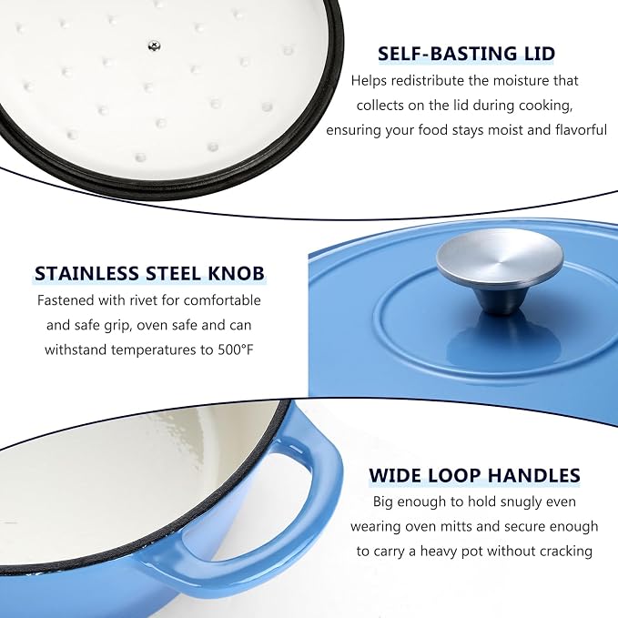 E-far 6 Quart Enameled Cast Iron Dutch Oven with Lid, Round Dutch Oven Pot Nonstick Cookware for Braising, Stews, Roasting, Bread Baking, Cooking, Heavy Duty, Induction & Oven Safe - Blue