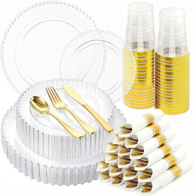 350pcs Plastic Dinnerware Set Clear 50 Guests for Wedding | Fancy Beaded Plastic Plates Include 100 Elegant Plastic Plates,50 Cups and 50 Pre Rolled Napkins with Cutlery Set