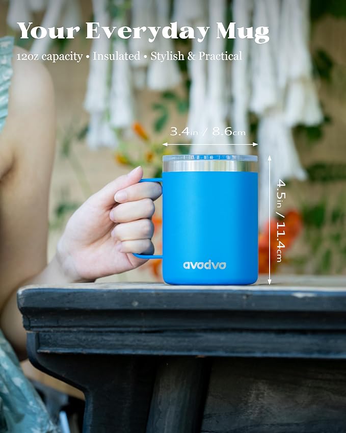 12oz Insulated Coffee Mug with Lid – Includes Two Lids, Stainless Steel Coffee Travel Mug with Handle, Double Wall Vacuum Insulated Camping Mug for Home, Office & Outdoor, Sapphire Blue