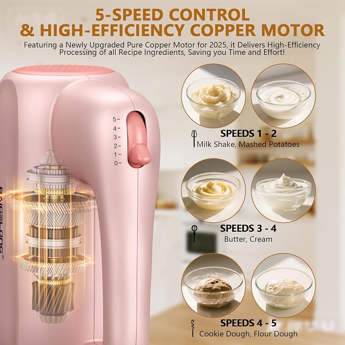BAIGELONG Hand Electric Mixer, 5-Speed KitchenMixer with 5 * 304 Stainless Steel Attachments + Storage Base, Food Handheld Mixer for Baking, Whipping Cream, Cake Mixing, Pink