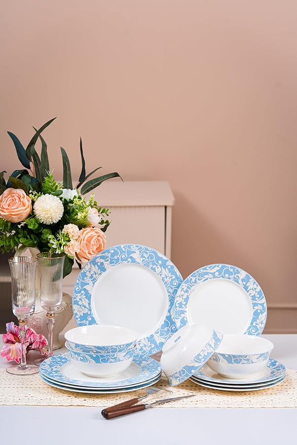 FHGNYSM 12-Piece Porelain Dinnerware Set, Light Blue | 12-Piece Plates and Bowels set, Vitage Scroll Pattern, Elegant Classic Kitchen Dish Set for Wedding, Party & Everyday Use