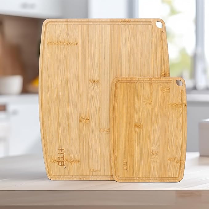 HTB Bamboo Cutting Board for Kitchen Wooden Chopping Board, S+M 1+1PCS | Lightweight, Solid, Small+Large Sets, Bamboo, Sandwich Boards, Serving Boards, Breakfast, Machine wash