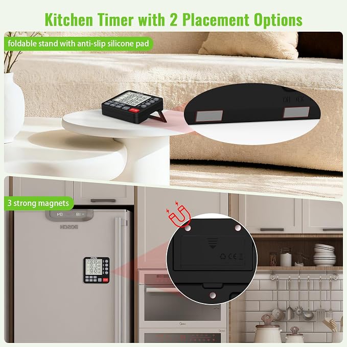 Digital Dual Kitchen Timer, 4-Channel Magnetic Countdown Timer for Cooking | Multi Groups Countup Timer, Memory Presets,On/Off,Large Display, Loud Alarm, Mute, LED Alert, 3A Battery & Stand Included