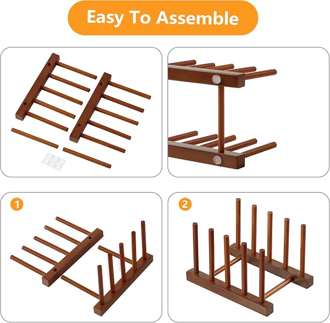 HBlife 4 Packs Teak Wooden Dish Drying Rack Stand Kitchen Plate Organizer | 4 Slots, Vertical Dish Racks for Cabinet Countertop & Wall, Plate Pot Lid Cutting Board Holder, Bowl Cup Drainer, Keep Dry