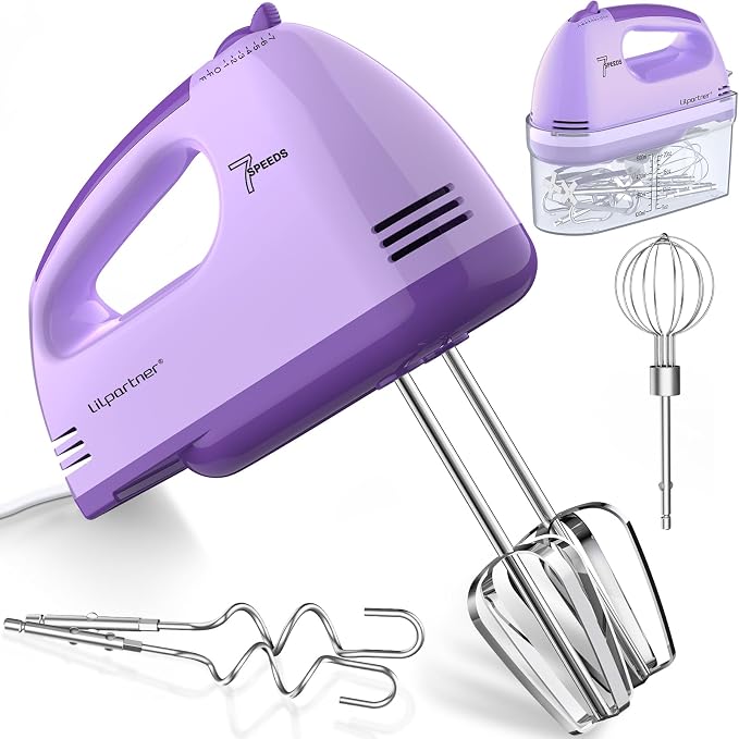 LILPARTNER Electric Hand Mixer with Storage Box, Ultra Power Kitchen Hand Mixer With 7-Speed & 5 Stainless Steel Accessories for Whipping Dough, Cream, Cake, Dishwasher Safe, PURPLE BOX