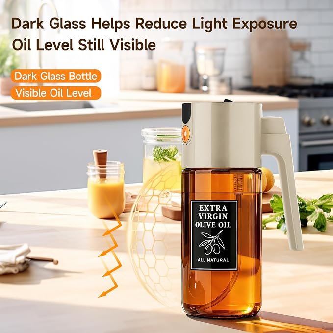 2-in-1 Dark Glass Oil Sprayer & Dispenser, Beige Fine Mist No-Drip | 500ml dark glass for daily cooking, kitchen counter, salad & baking; food-safe, 304 filter, wide-mouth refill and cleaning.