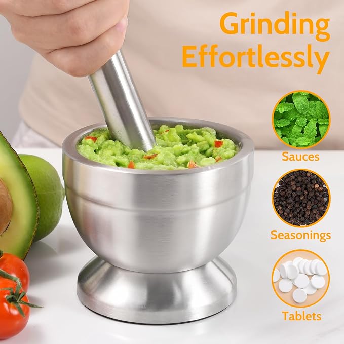 Mortar and Pestle Set, Stainless Steel with Anti Slip Base and Detail Brush | 3.9-Inch pill crusher, Durable and Shatter-Resistant, Use for Crushing Herb, Spices, Pills, Nuts, Bread, Biscuits, Compounds